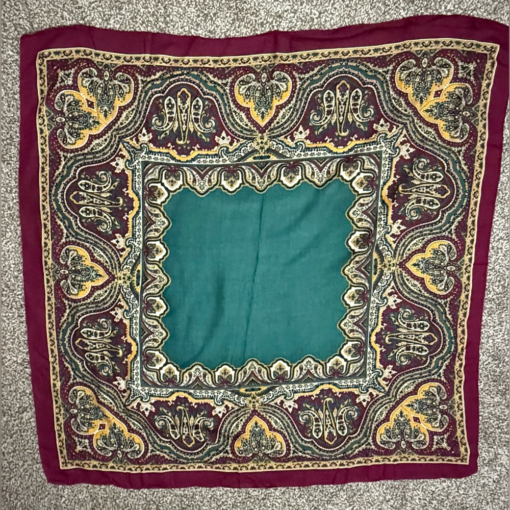 Vintage Symphony Scarf Made in Italy Burgundy Teal Paisley 100% Rayon